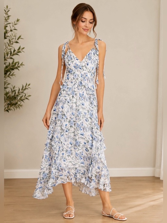 Rebecca Taylor Dresses & Skirts - Rebecca Taylor White and Blue Floral Tie-Shoulder V-Neck Midi Silk Dress